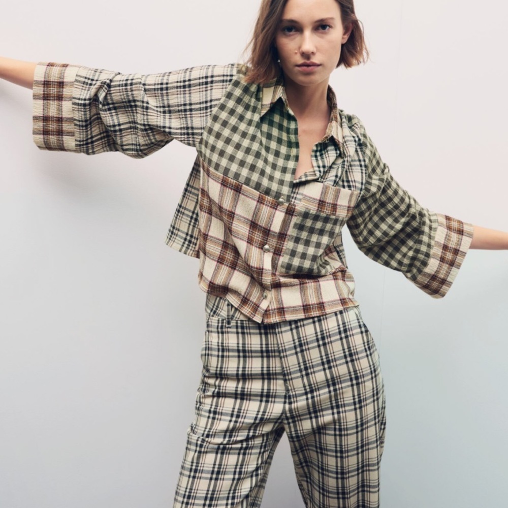 Zara oversized plaid patchwork wide sleeve cropped flannel button down shirt